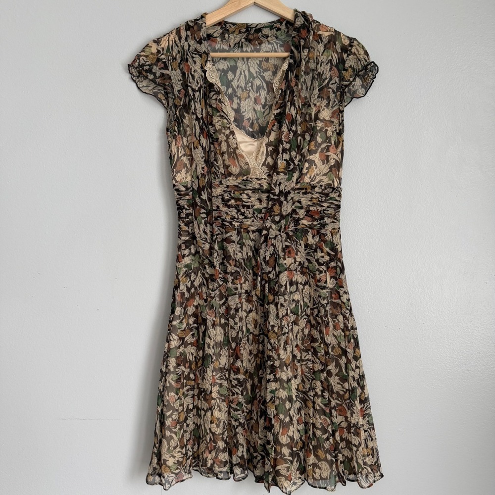 Gianni Bini 100% Silk Floral Midi Dress Lace Ruched Whimsigoth Romantic Size 0